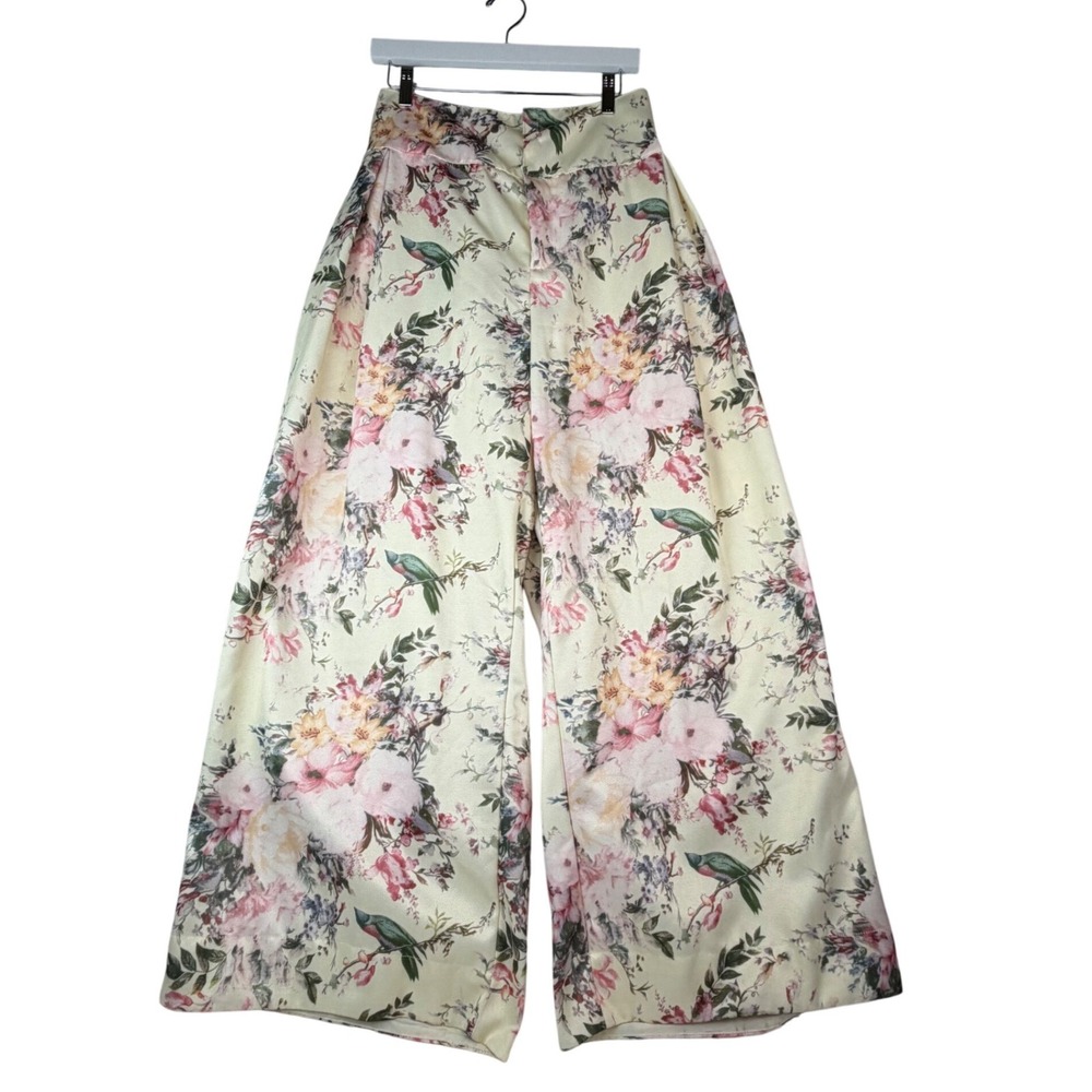 AKIRA Floral Bird Print Wide Leg Palazzo Pants Cottagecore Romantic Garden Pty M